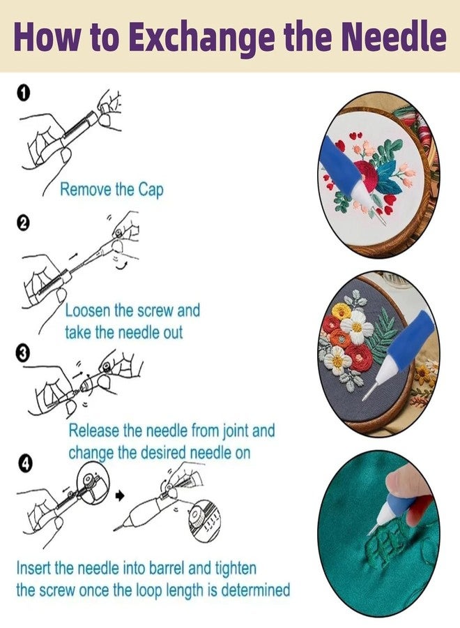 Tusmad Punch Needle Set for Beginners - Adjustable Embroidery Pen with 3 Needle Sizes & Threaders - DIY Craft & Needlework Tool Kit for Ribbon, Satin Stitch, Loop & Dimensional Embroidery - Purple - Image 2